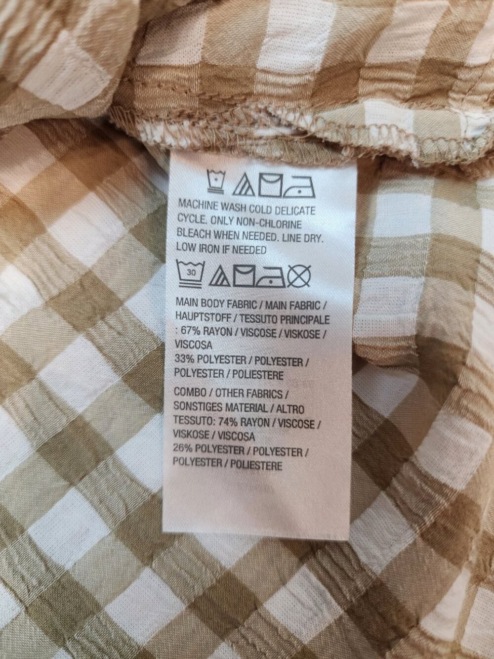 Susan Graver 2XL Yarn Dyed Gingham Button Front Shirt Tunic Raffia Tan Patchwork - Picture 8 of 12